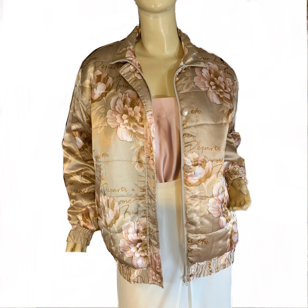 VINTAGE OLEG CASSINI FLORAL PRINT CREAM A  PINK BLUSH SATIN BOMBER JACKET (M) - Picture 6 of 13